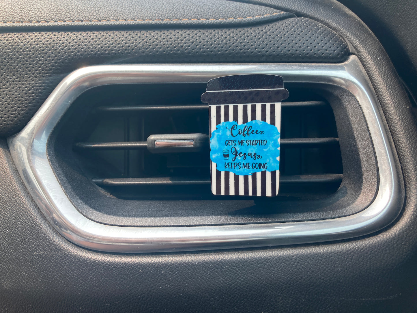 Coffee Gets Me Started Jesus Keeps Me Going Black White Stripe (CM03) Coffee Cup 2" Vent Clip