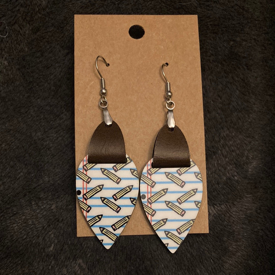 Pencils (UD14) - Upside Down Teardrop Earrings with Faux Leather Accent - 1.5"