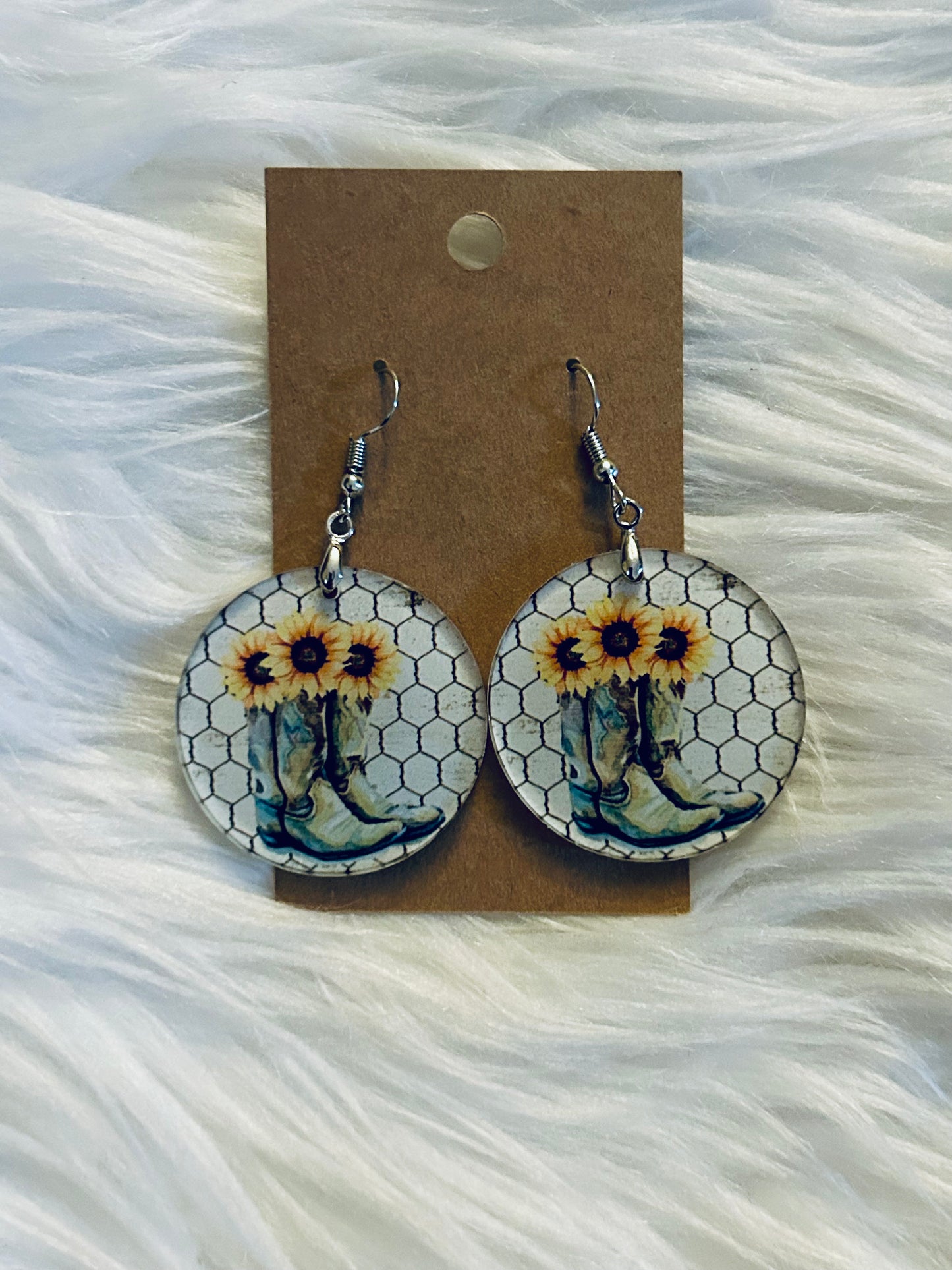 Boots and Sunflowers - Round Acrylic Earrings 1.5" - R13