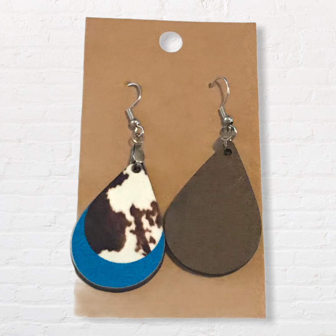 Cow Hide and Blue (TD31) Tear Drop Earrings