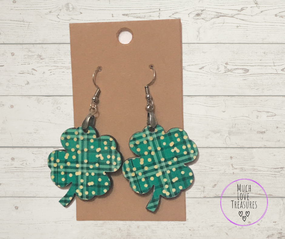 Green Plaid with Gold Dots (C03) Clover Earrings