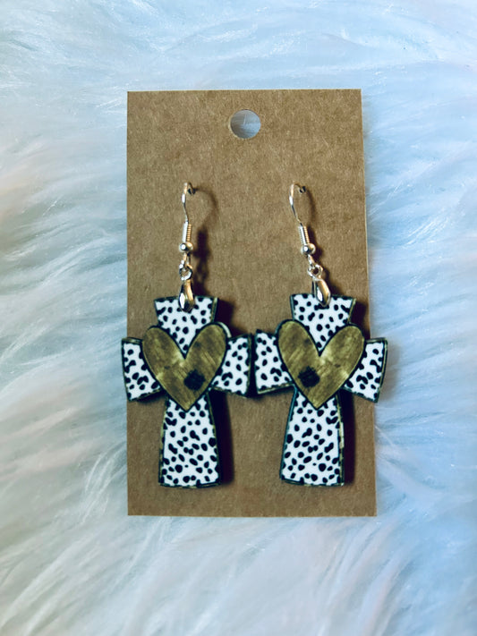 Black and Gold Cross Earrings 1.5"
