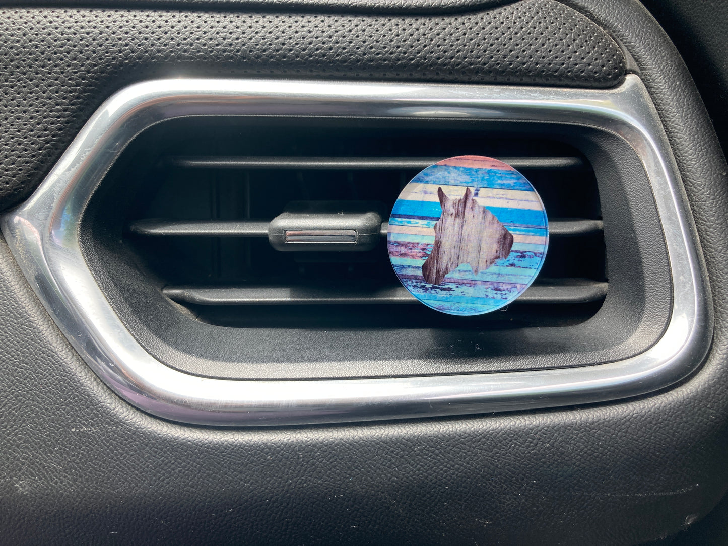 Horse with Multicolor Wood (R109) Round Acrylic 1.5" Vent Clip