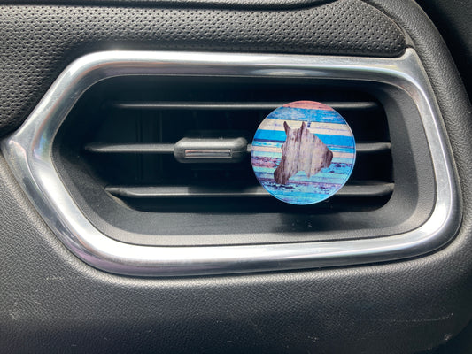 Horse with Multicolor Wood (R109) Round Acrylic 1.5" Vent Clip