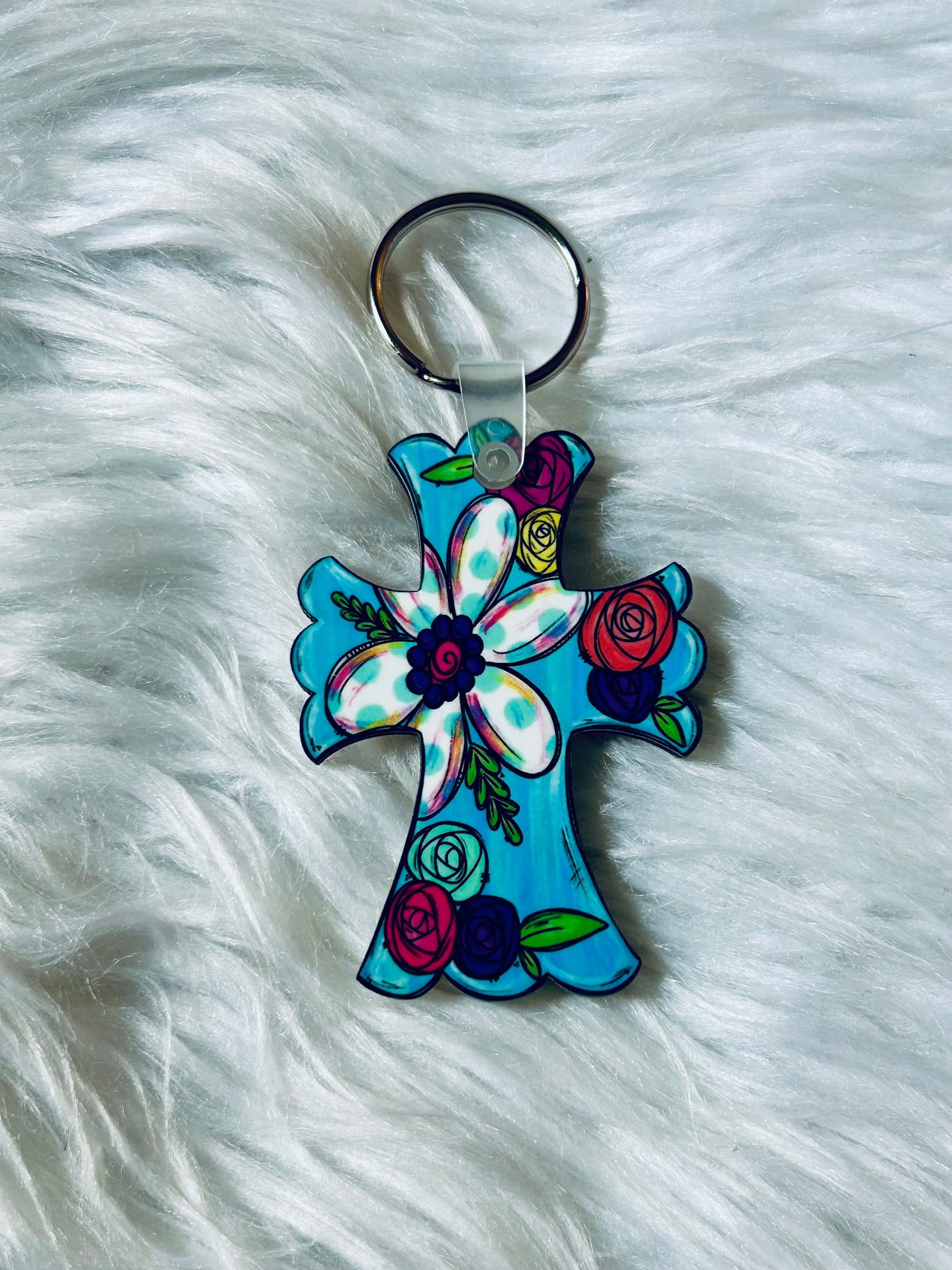 Blue Floral Cross Keychain