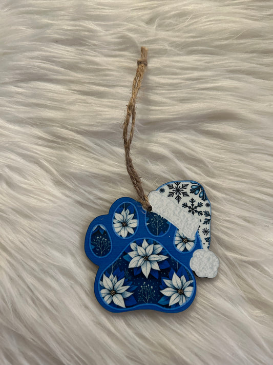 Blue Flowers (SHP03) - Santa Hat Paw Shape Ornament