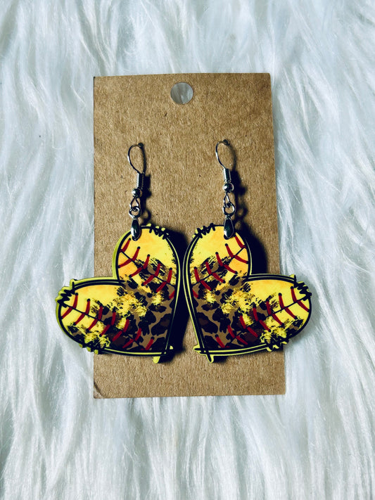 Softball Leopard Heart Earrings 1.5"
