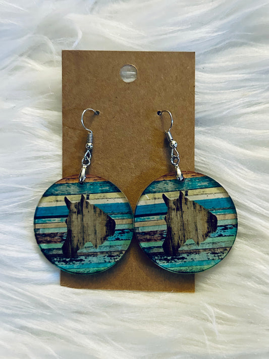 Horse with Multicolor Wood Background - Round Acrylic Earrings 1.5" - R109