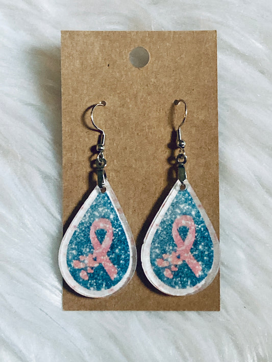 Breast Cancer Ribbon (TD43) Tear Drop Acrylic Earrings