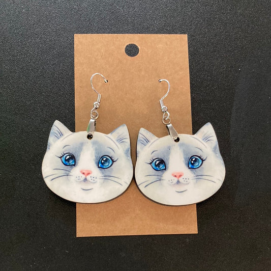 Grey and White Cat Head (CH06) Earrings