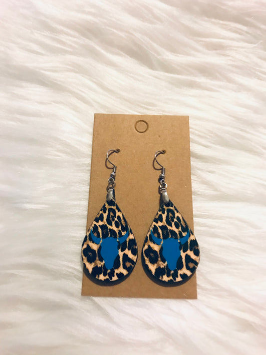 Leopard Print with Blue Skull Tear Drop Earrings