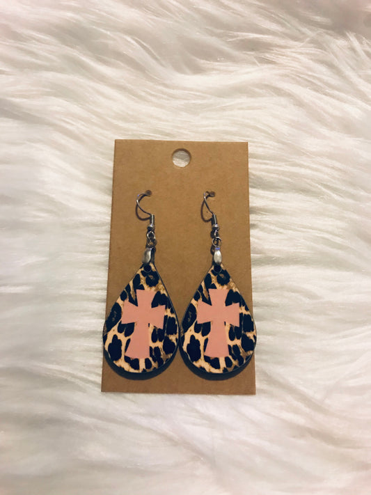 Leopard with Pink (TD35) Cross Tear Drop Earrings