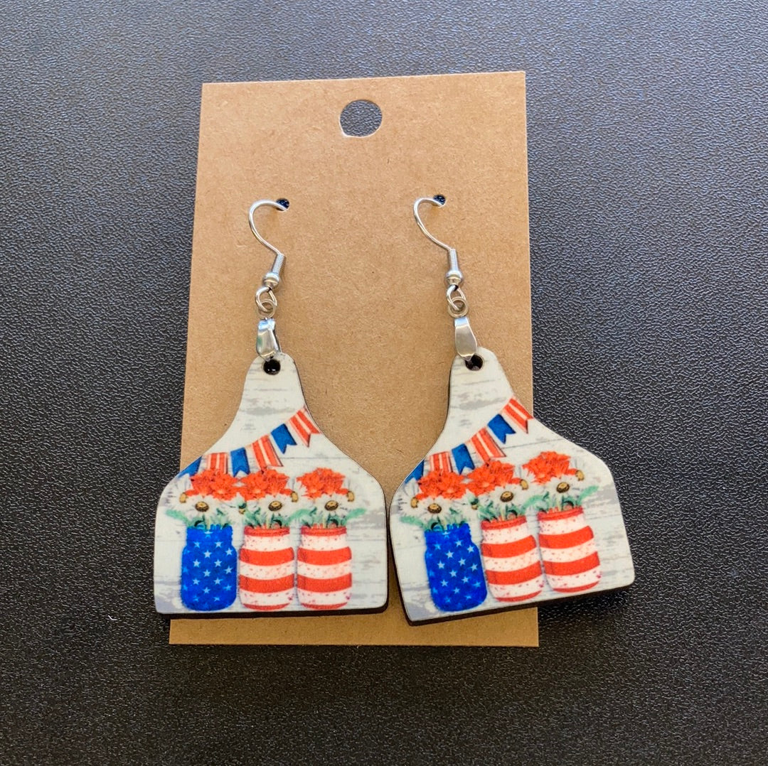 Red White Blue Mason Jar (CT03) - Cattle Tag Earrings 1.5"