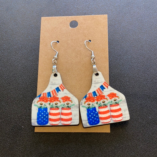 Red White Blue Mason Jar (CT03) - Cattle Tag Earrings 1.5"