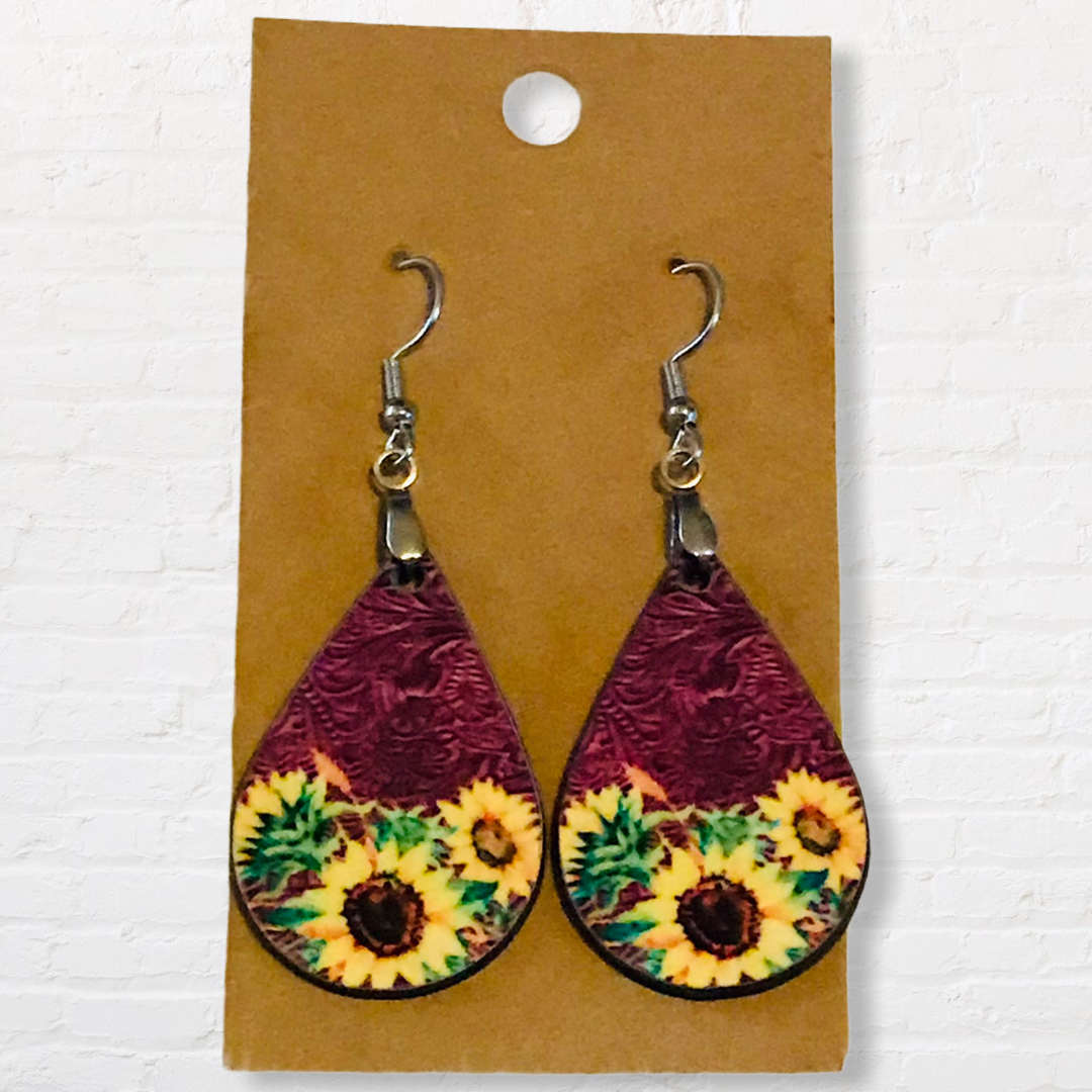 Western Maroon Sunflower Tear Drop Earrings