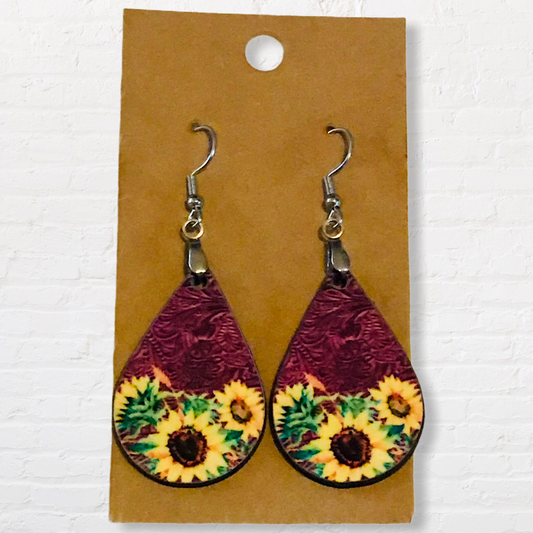 Western Maroon Sunflower Tear Drop Earrings