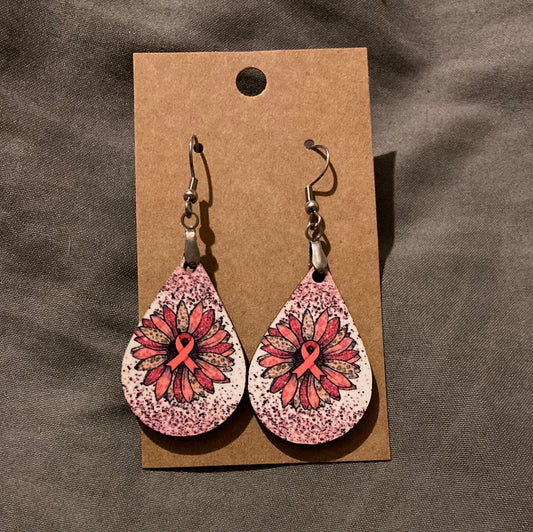 Breast Cancer Sunflower -  Tear Drop Earrings