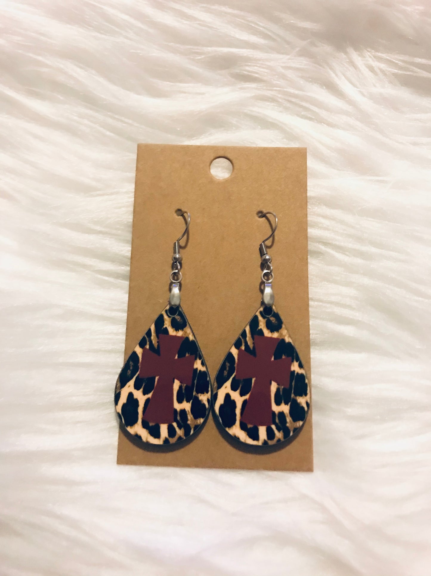 Leopard with Maroon Cross Tear Drop Earrings