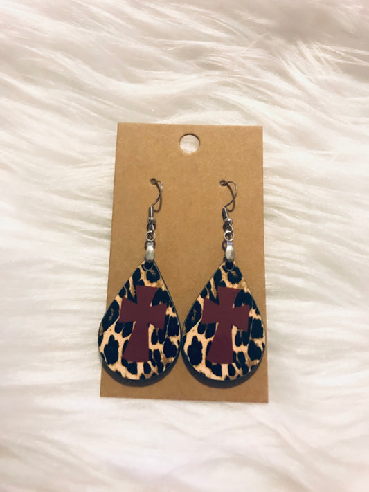 Leopard with Maroon Cross Tear Drop Earrings