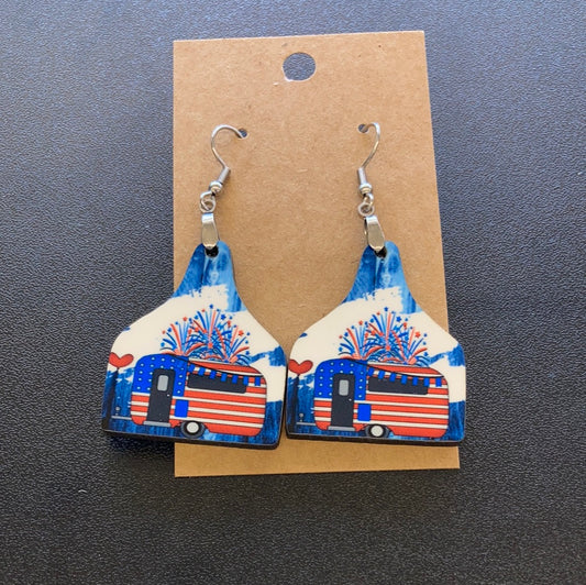 Red White Blue Camper  (CT02) - Cattle Tag Earrings 1.5"