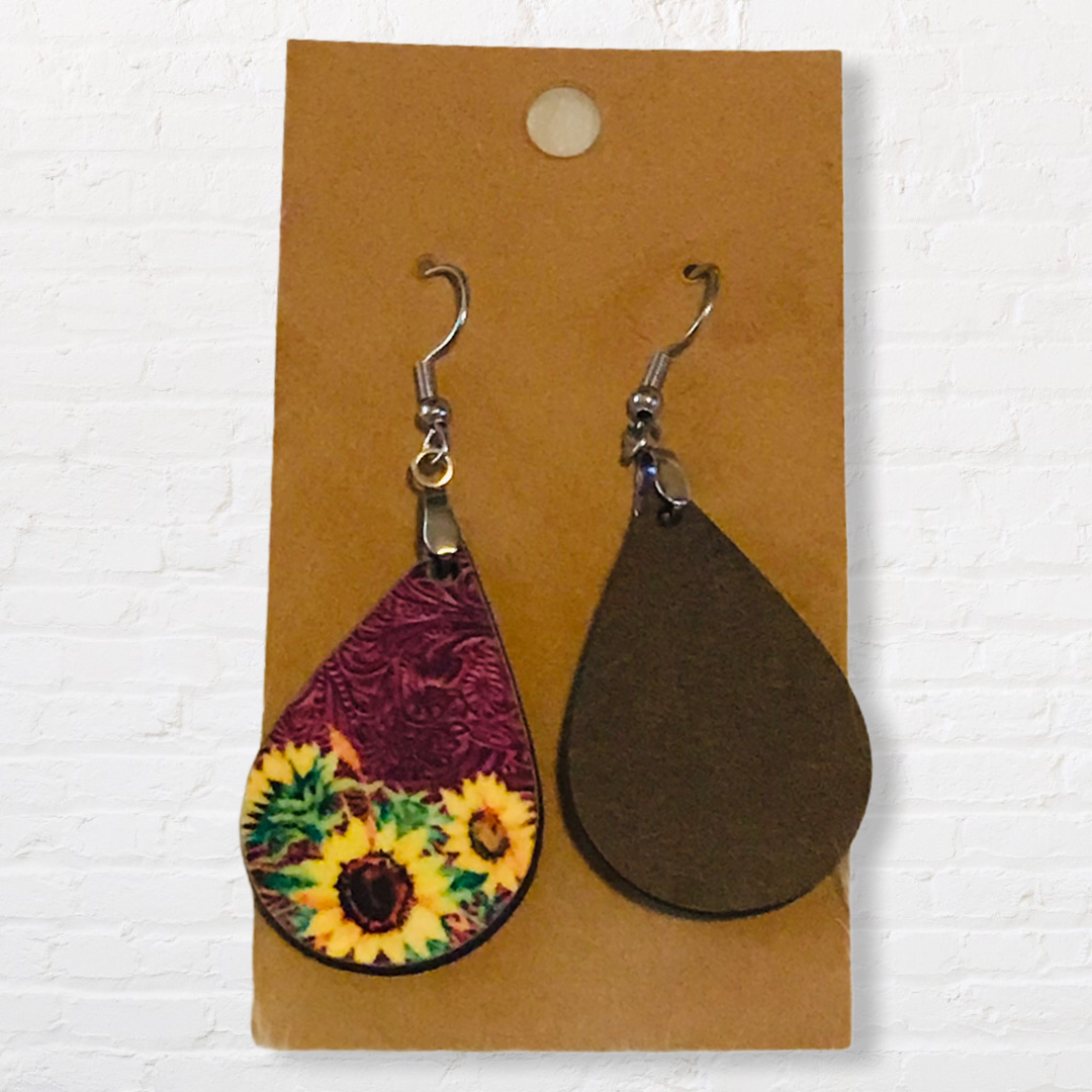 Western Maroon Sunflower Tear Drop Earrings