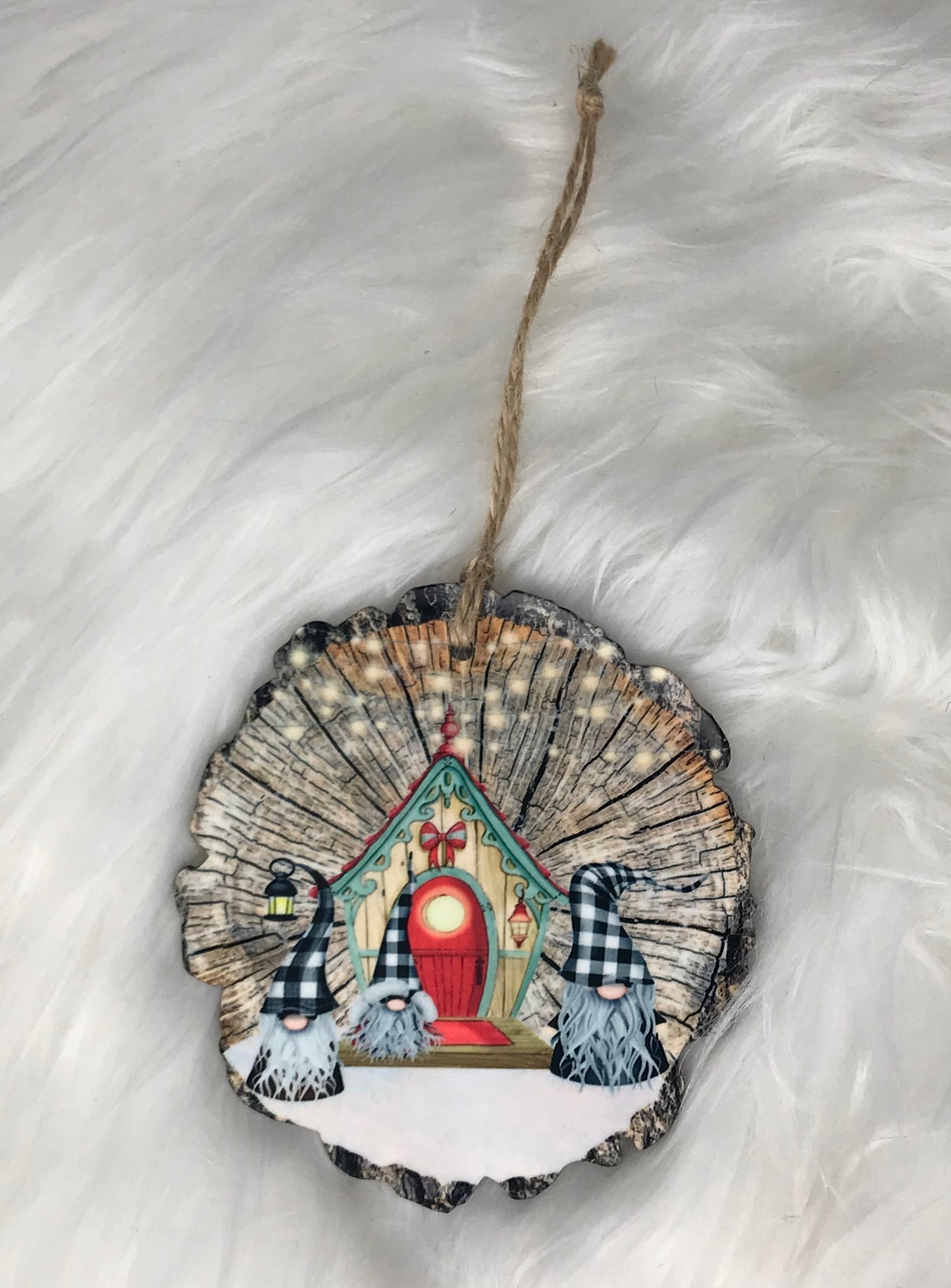 Gnomes by House (WS05) Wood Slice Shape Ornament