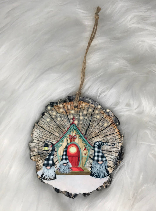 Gnomes by House (WS05) Wood Slice Shape Ornament