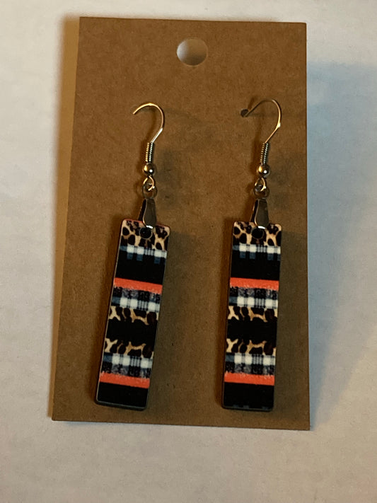 Black, Plaid, & Print (BE03) -  Bar Shape Earrings - 1.5"