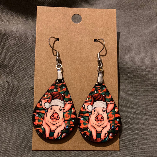Christmas Pig -  Tear Drop Earrings