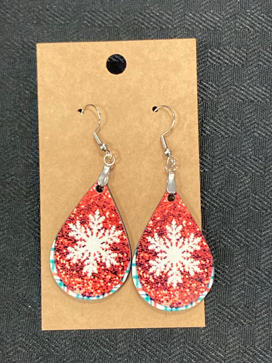 Snowflake With Red Glitter Background - Tear Drop Earrings