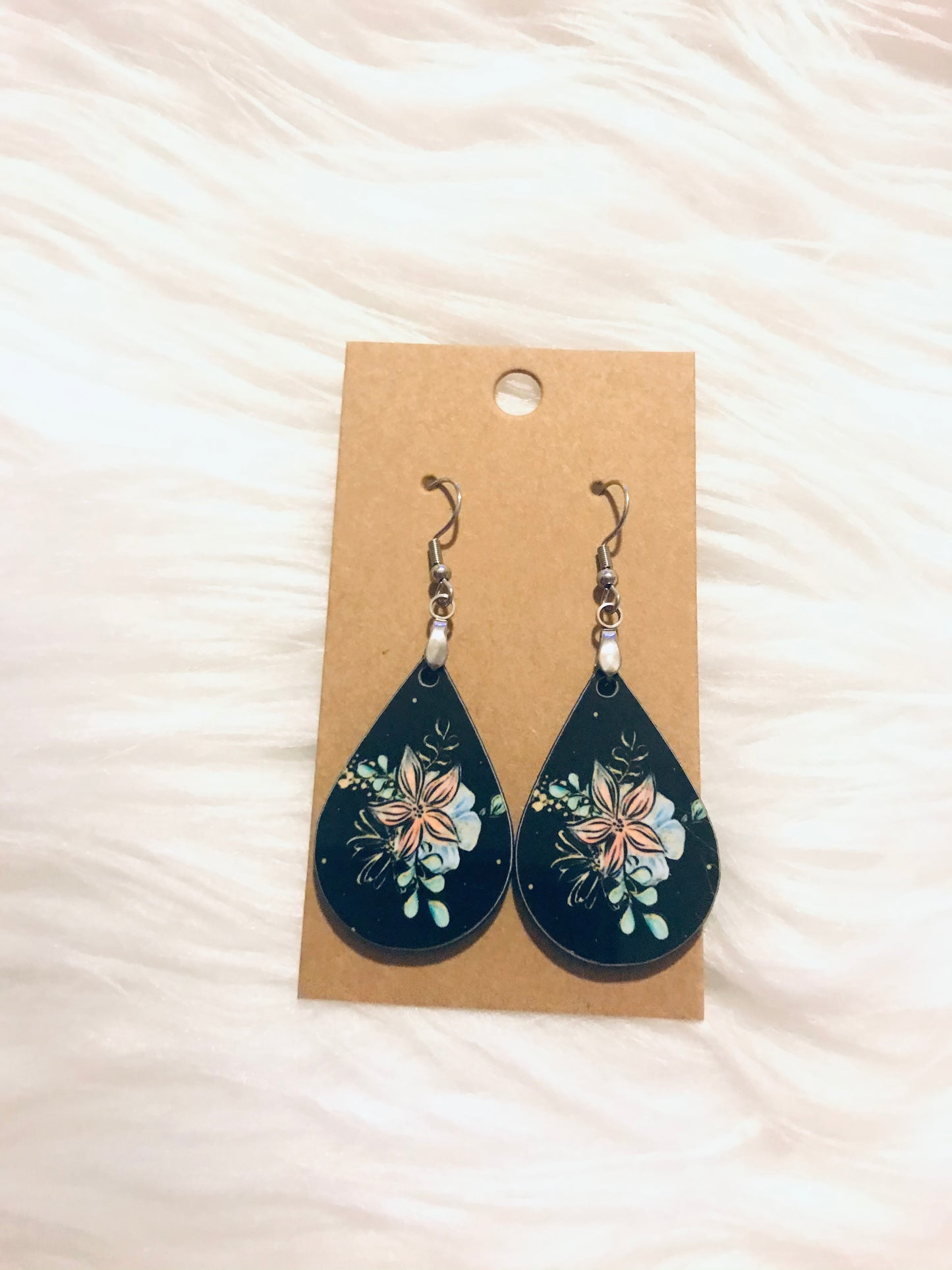 Black with Floral Design (TD28) Tear Drop Earrings