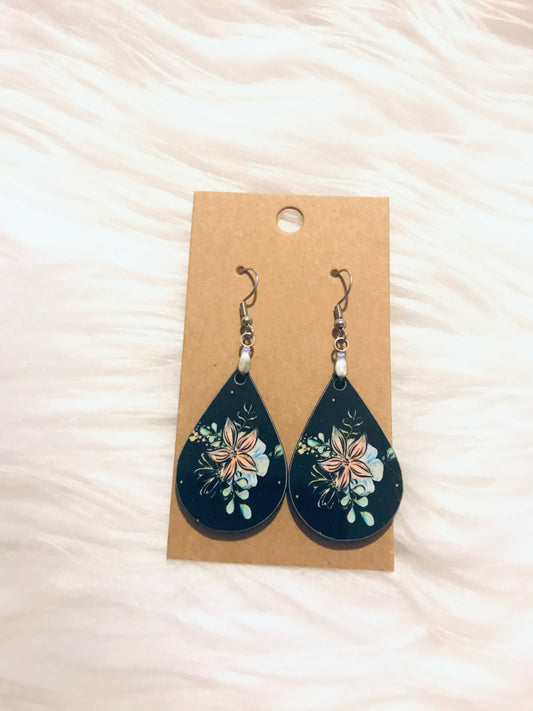 Black with Floral Design (TD28) Tear Drop Earrings