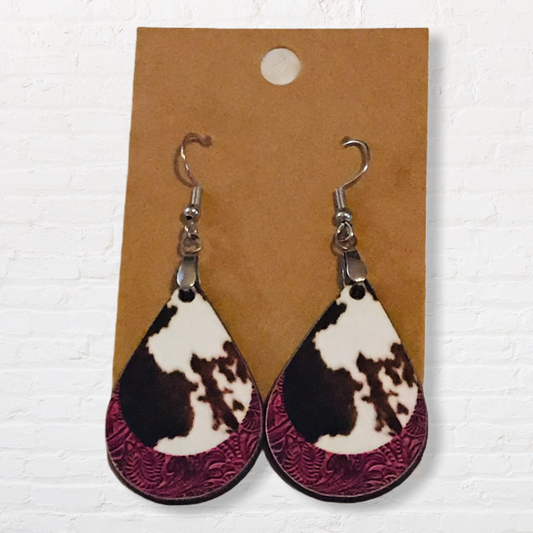 Cow Hide and Maroon (TD32) Tear Drop Earrings
