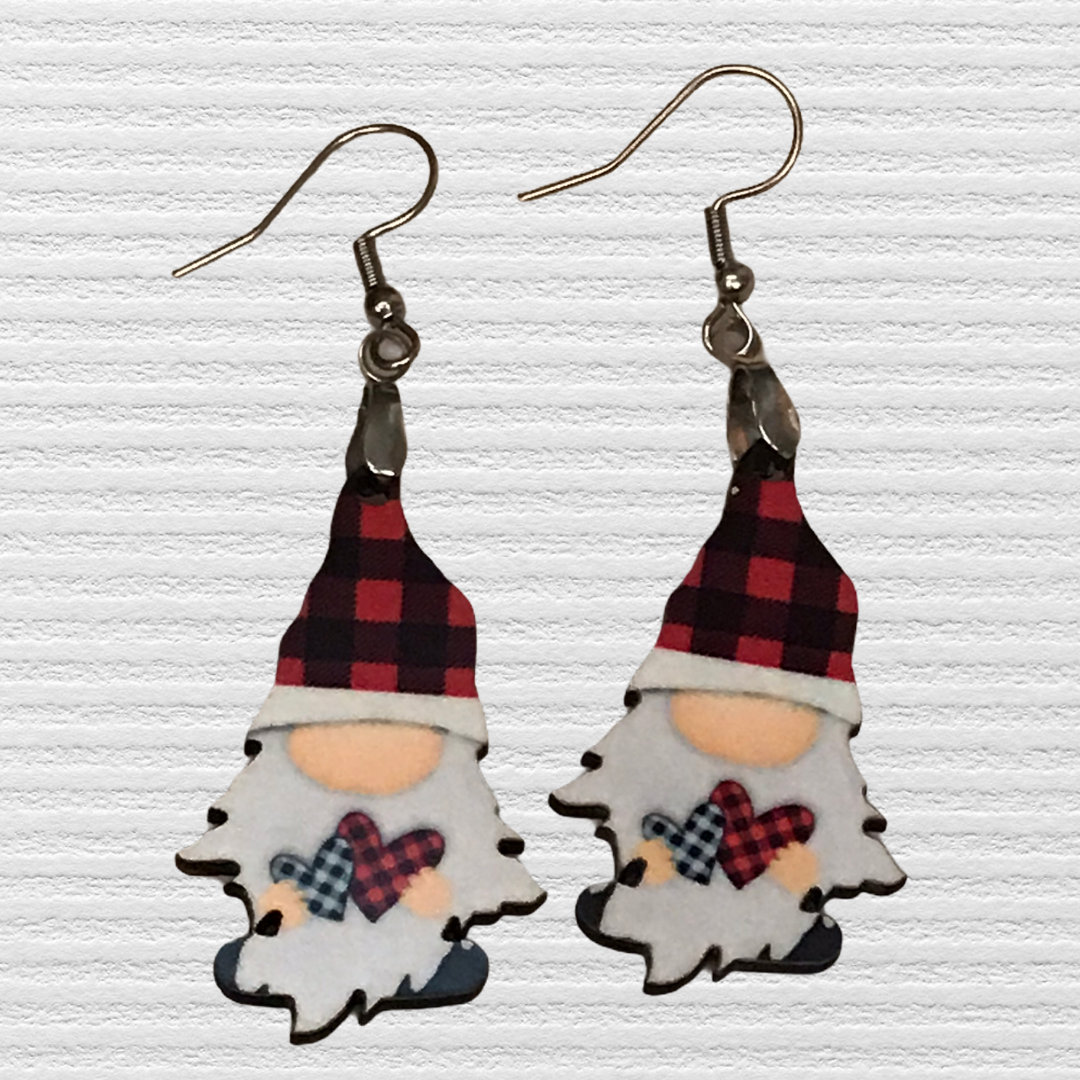 Buffalo Plaid Hearts (G11) Gnome Earrings - 1.5"