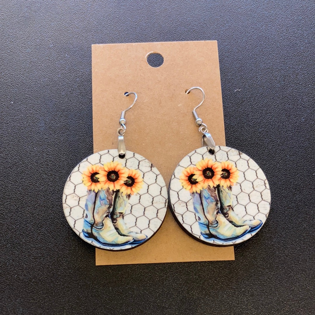 Boots and Sunflowers - Round Earrings 1.5" - R13