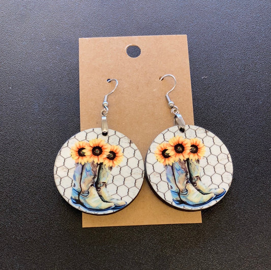Boots and Sunflowers - Round Earrings 1.5" - R13