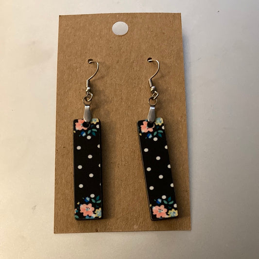 Black Dot Floral (BE21) -  Bar Shape Earrings - 1.5"