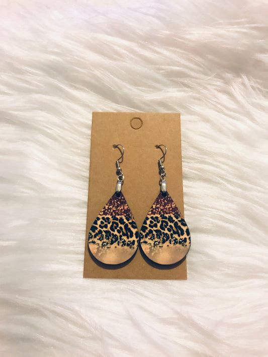 Maroon, Print, and Gold Tear Drop Earrings