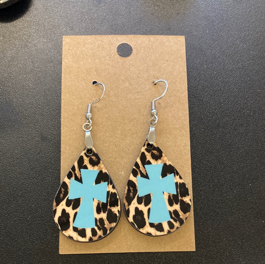 Leopard with Blue Cross Tear Drop Earrings
