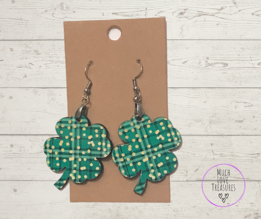Green Plaid with Gold Dots (C03) Clover Earrings