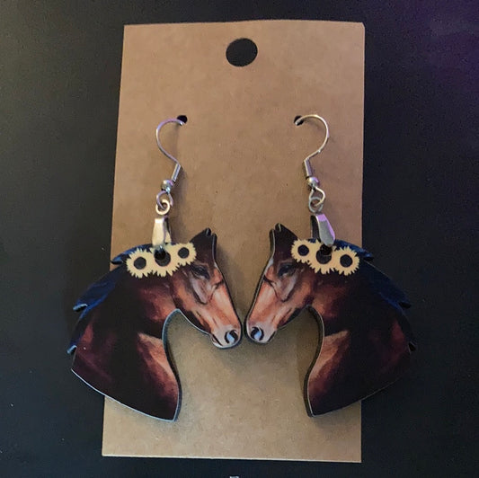 Dark Brown with Sunflowers (HH04) - Horse Earrings