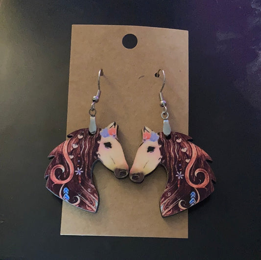 Brown with Pink and Purple (HH06) - Horse Earrings