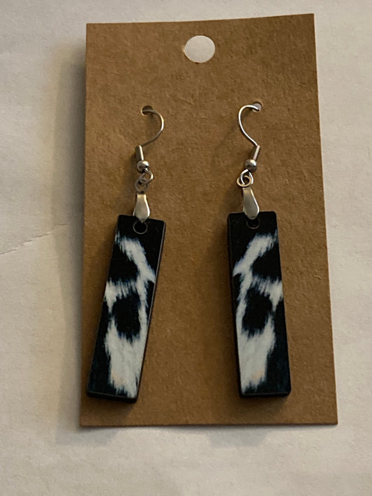 Black and White Cow Hide (BE02) -  Bar Shape Earrings - 1.5"
