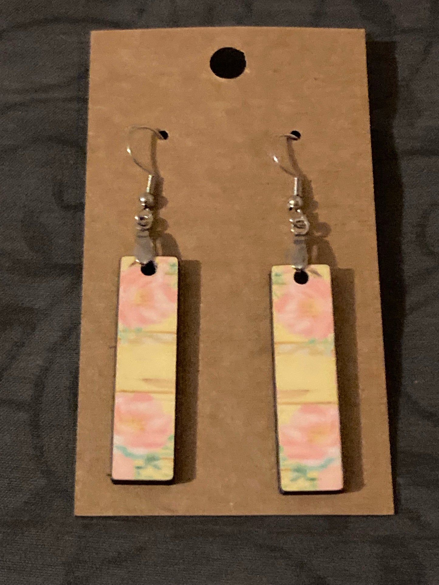 Yellow Wood with Pink Flowers (BE16) -  Bar Shape Earrings - 1.5"