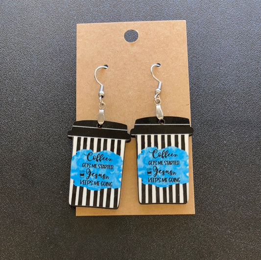 Coffee Gets Me Started Jesus Keeps Me Going Black White Stripe (CM03) - Coffee Cup Earrings 1.5"