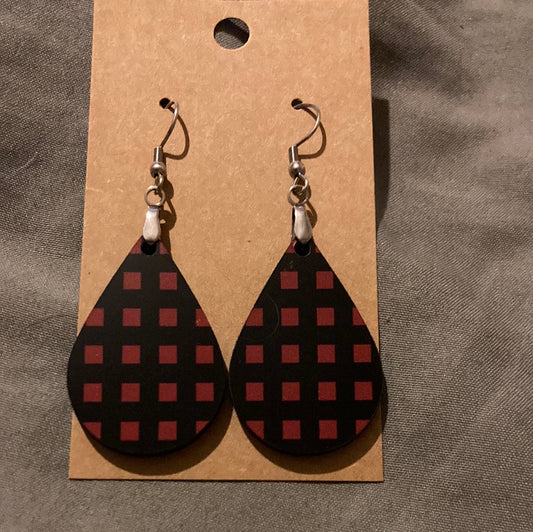 Red and Black Plaid -  Tear Drop Earrings