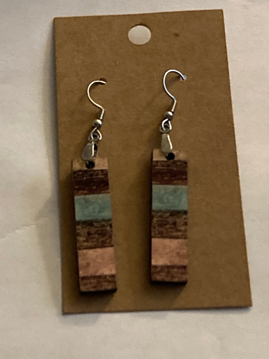 Multicolor Wood (BE09) -  Bar Shape Earrings - 1.5"