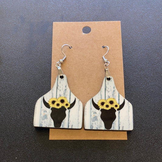 Skull with Sunflowers  - Cattle Tag Earrings 1.5"