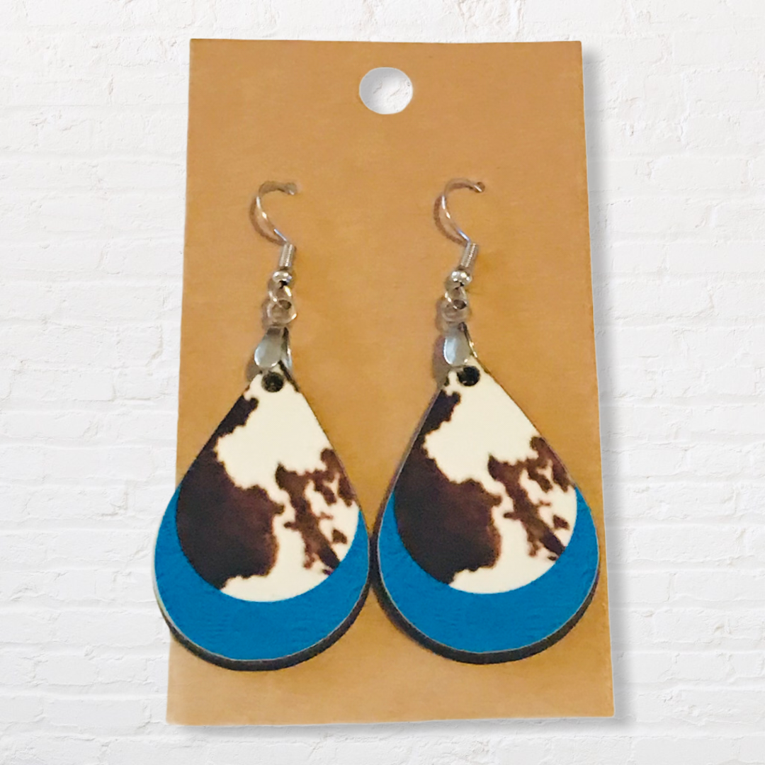 Cow Hide and Blue (TD31) Tear Drop Earrings