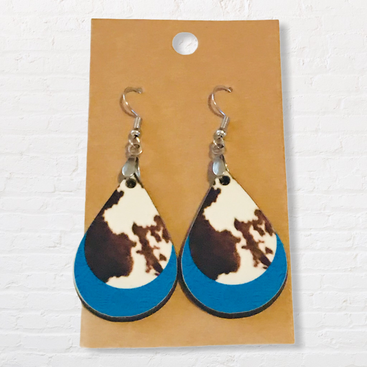 Cow Hide and Blue (TD31) Tear Drop Earrings